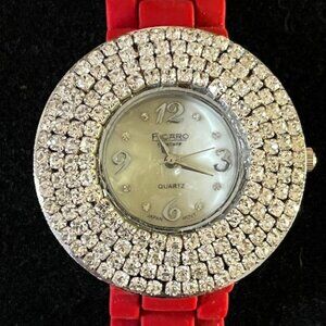 FICARO COUTURE | Dark Red Silicone Band White Mother Of Pearl Dial Crystal